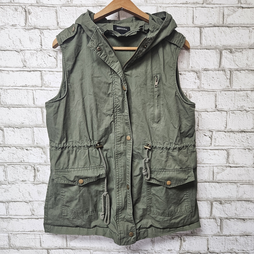 Zenana Outfitters Green Hooded Utility Vest Full Zip Size L